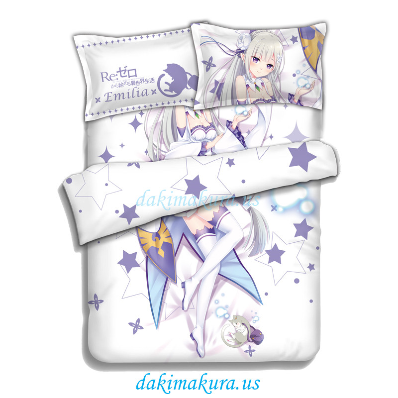 Emilia - Re Zero Anime 4 Pieces Bedding Sets,Bed Sheet Duvet Cover with Pillow Covers